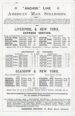 Back Cover for a Saloon Class Passenger List for the SS City of Rome of the Anchor Line Dated 23 August 1884.