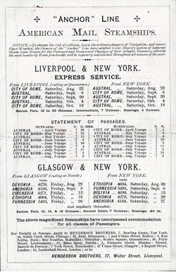 Back Cover for a Saloon Class Passenger List for the SS City of Rome of the Anchor Line Dated 23 August 1884.