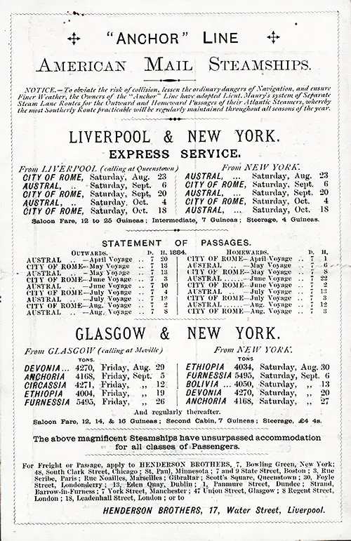 Back Cover for a Saloon Class Passenger List for the SS City of Rome of the Anchor Line Dated 23 August 1884.