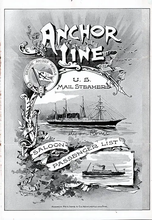 Front Cover for a Saloon Passenger List for the SS City of Rome of the Anchor Line, Departing Thursday, 20 August 1896 from Glasgow to New York via Moville