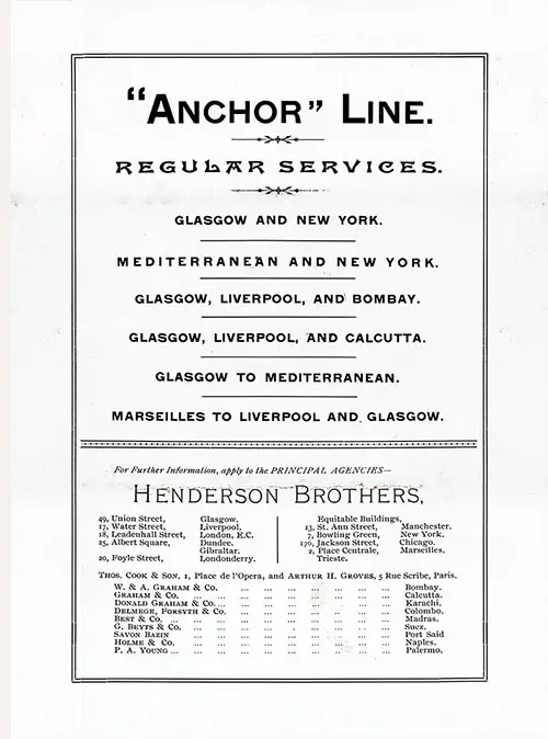 Back Cover of a Saloon Class Passenger List for the SS City of Rome of the Anchor Line Dated 20 August 1896.