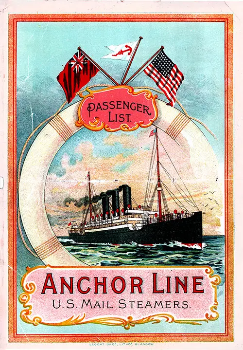 Front Cover for a Second Class Passenger List for the SS Columbia of the Anchor Line, Departing Saturday, 8 August 1903 from Glasgow to New York