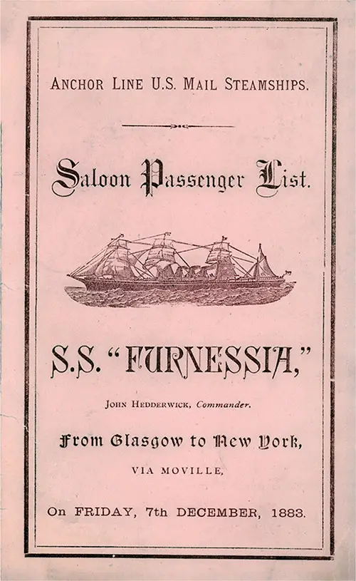 Front Cover, SS Furnessia Passenger List - 7 December 1883