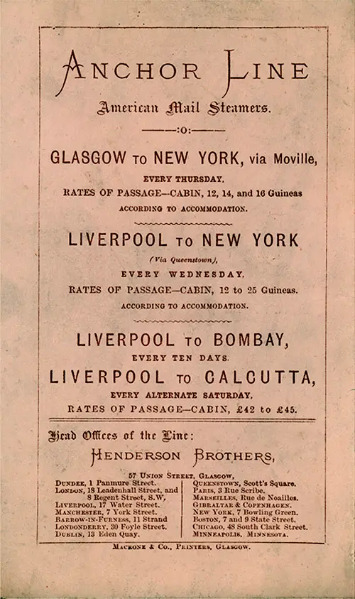 Back Cover: Saloon Class Passenger List for the SS Furnessia of the Anchor Line Dated 7 December 1883.