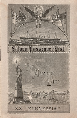 Front Cover for a Saloon Passenger List for the SS Furnessia of the Anchor Line, Departing Thursday, 23 August 1888 from Glasgow to New York via Moville.