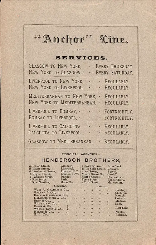 Anchor Line Services on the Back Cover for a Saloon Class Passenger List for the SS Furnessia, 23 August 1888.