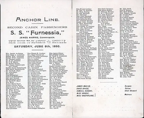 Second Cabin Passenger List, SS Furnessia, 1895-06-08.