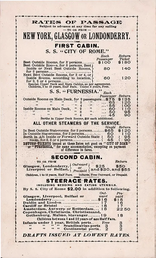 Rates of Passage, New York-Glasgow-Londonderry, 1895.