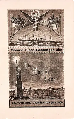 Front Cover of a Second Class Passenger List for the SS Furnessia of the Anchor Line, Departing Thursday, 12 July 1900 from Glasgow to New York