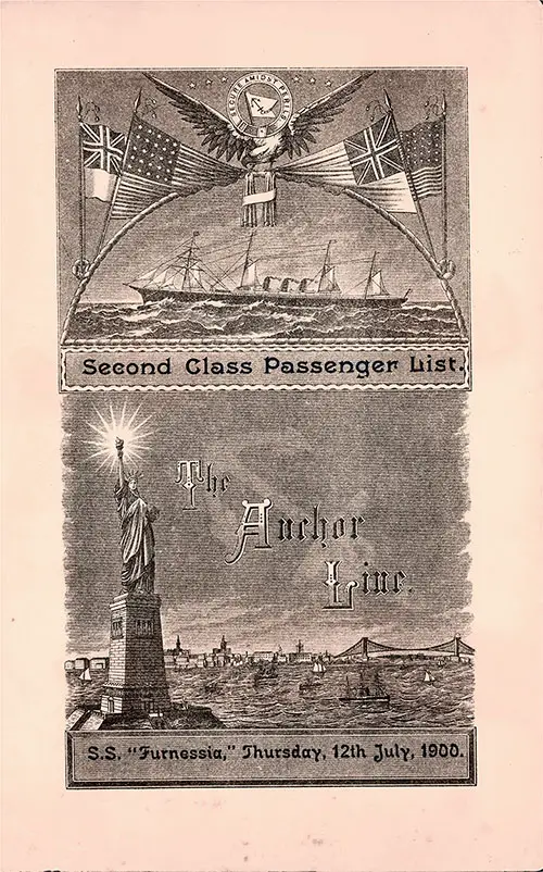 Front Cover of a Second Class Passenger List for the SS Furnessia of the Anchor Line, Departing Thursday, 12 July 1900 from Glasgow to New York