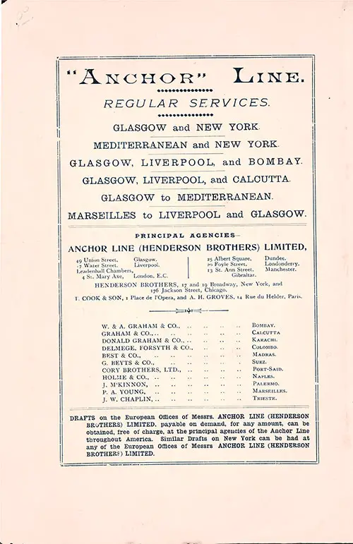Anchor Line Services on the Back Cover of a Second Class SS Furnessia Passenger List , 12 July 1900.