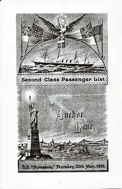 Front Cover of a Second Class Passenger List from the SS Furnessia of the Anchor Line, Departing Thursday, 30 May 1901 from Glasgow to New York