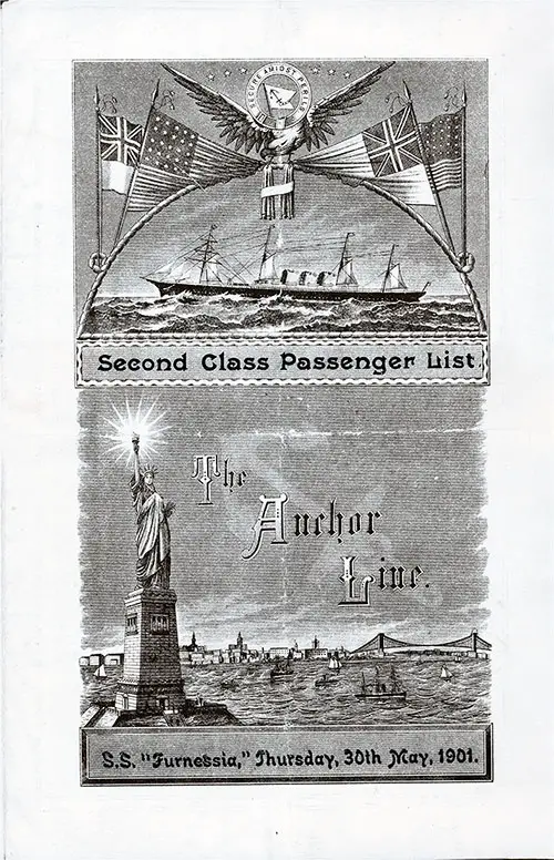 Front Cover of a Second Class Passenger List from the SS Furnessia of the Anchor Line, Departing Thursday, 30 May 1901 from Glasgow to New York