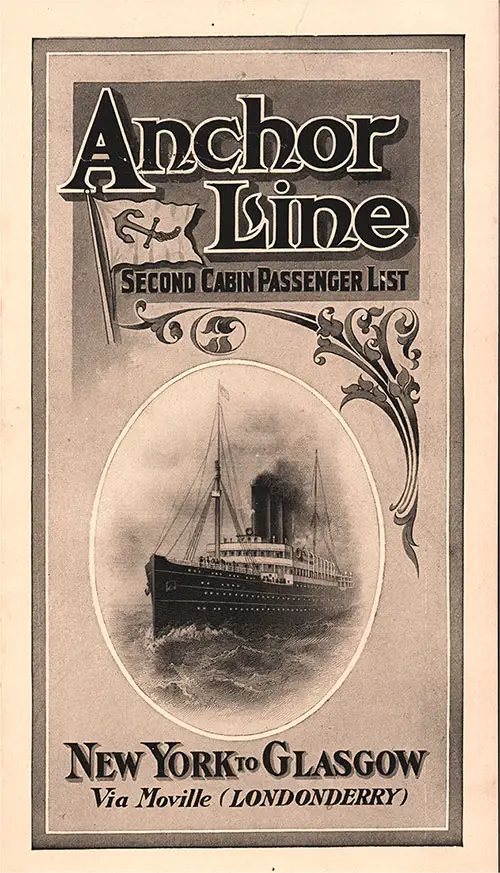 Front Cover for a Second Cabin Passenger List for the SS Furnessia of the Anchor Line, Departing Saturday, 18 June 1910 from Glasgow to New York via Moville (Londonderry)