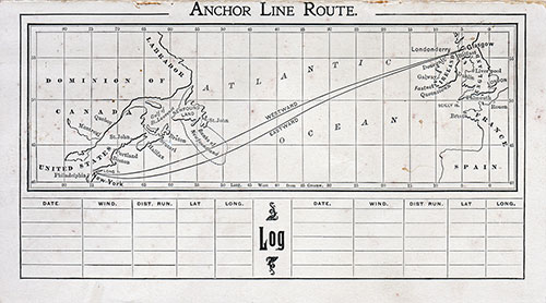 Back Cover: Track Chart and Memorandum of Log (Unused) From the Second Cabin Passenger List for the SS Furnessia of the Anchor Line Dated 18 June 1910.