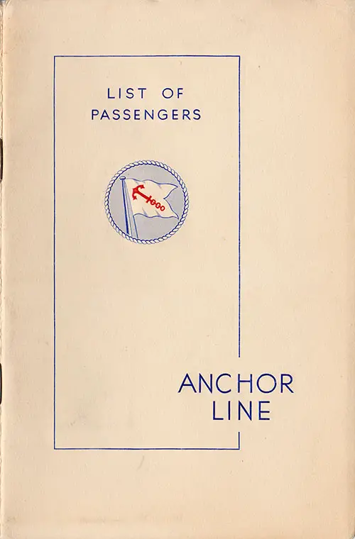 Front Cover - 11 September 1936 Passenger List, SS Transylvania, Anchor Line