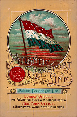 Front Cover, Saloon Passenger List for the SS Marquette, 1 June 1899 of the Atlantic Transport Line.