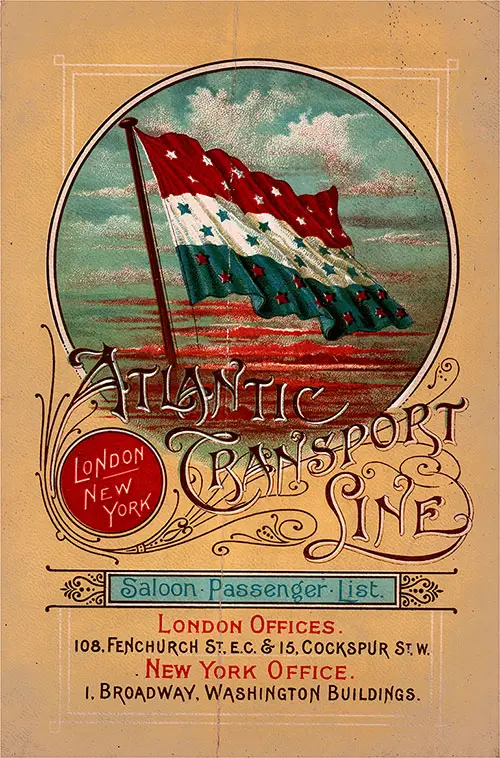 Front Cover, Saloon Passenger List for the SS Marquette, 1 June 1899 of the Atlantic Transport Line.