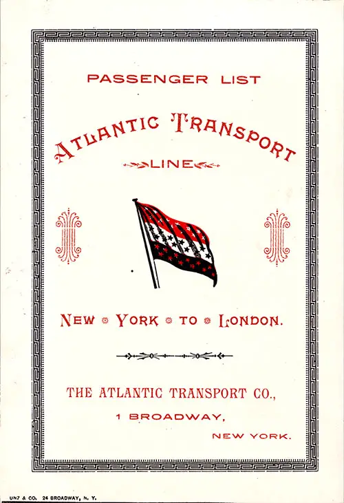 Front Cover of a Cabin Passenger List for the SS Marquette of the Atlantic Transport Line, Departing 15 September 1900 from New York to London