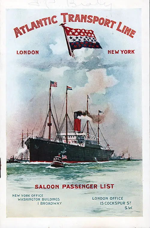 Front Cover of a Saloon Passenger List for the SS Minneapolis of the Atlantic Transport Line, Departing 10 April 1902 from London to New York.