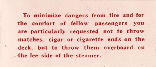Warning - Fire Danger. This Notice Was Affixed to an Inside Page of the 10 April 1902 SS Minneapolis Saloon Passenger List.