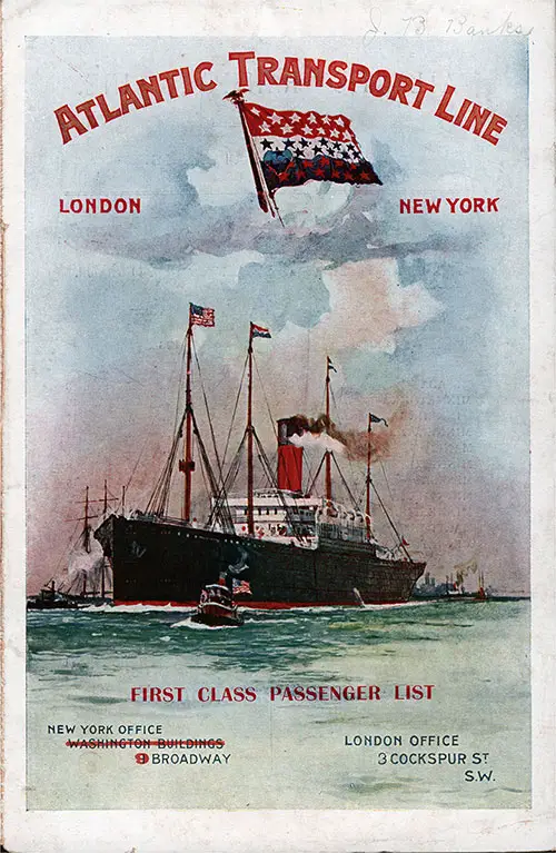 Front Cover of a First Class Passenger List for the SS Minneapolis of the Atlantic Transport Line, Departing 27 August 1904 from London to New York
