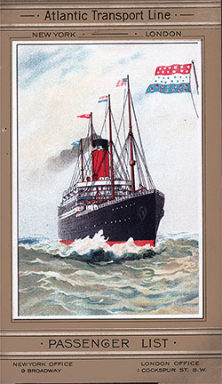 Front Cover of a First Class Passenger List from the SS Minneapolis of the Atlantic Transport Line, Departing Saturday, 30 September 1905 from New York to London