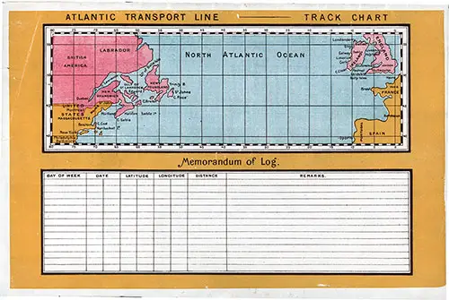 Atlantic Transport Line Track Chart of the North Atlantic Ocean with Memorandum of Log (Unused), 1902.