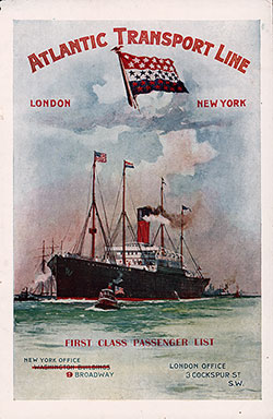 Front Cover of a First Class Passenger List for the SS Minnetonka of the Atlantic Transport Line, Departing 18 June 1904 from London to New York