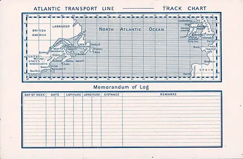 Atlantic Transport Line North Atlantic Ocean Track Chart with Memorandum of Log (Unused) 1904.