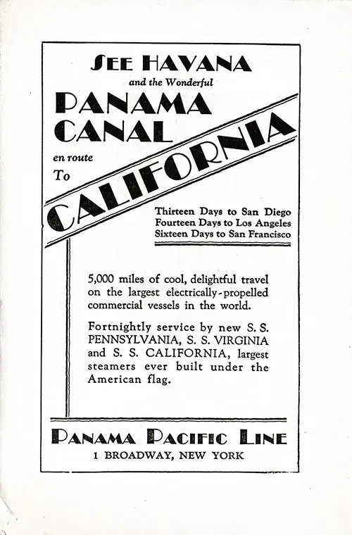 1930 Advertisement from Panama Pacific Line Offered Cruises to See Havana and the Wonderful Panama Canal en route to California.