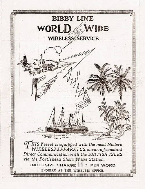 Bibby Line World Wide Wireless Service Advertisement in the 31 January 1936 Passenger List of the SS Yorkshire.