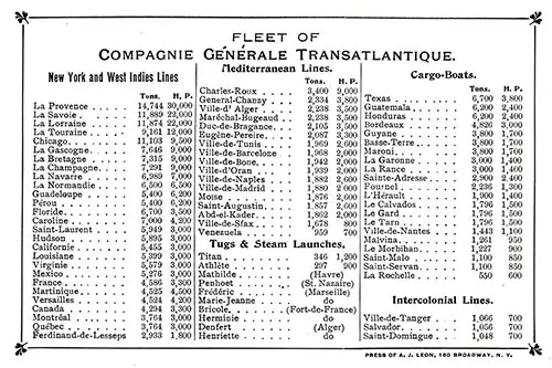 Fleet List, CGT French Line July 1909