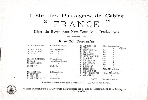 Title Page Including List of Senior Officers and Staff, SS France Cabin Passenger List, 3 October 1921.