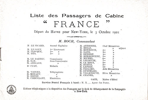Title Page Including a List of Senior Officers and Staff from the SS France First and Second Cabin Passenger List Dated 3 October 1921.