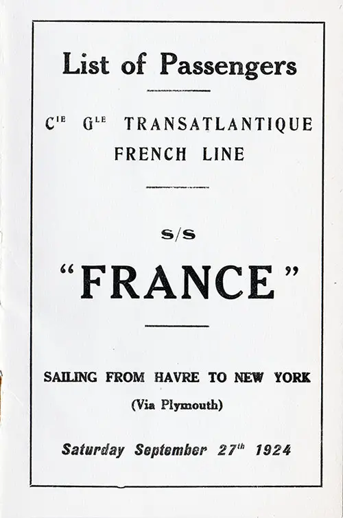 Title Page, SS France Cabin Passenger List, 27 September 1924.