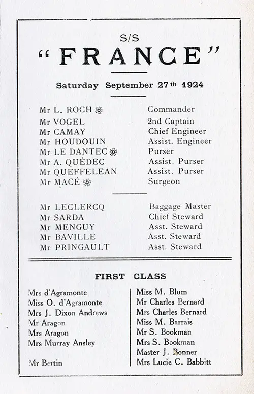 Senior Officers and Staff (With a few of the Passenger's Names), SS France First and Second Cabin Passenger List, 27 September 1924.