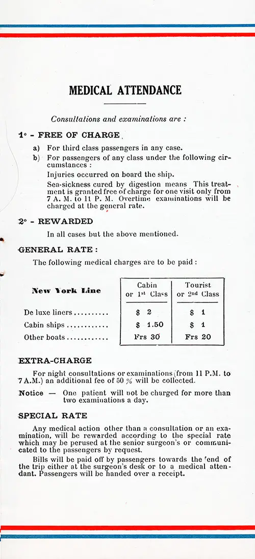 Information for Tourist Passengers About Medical Attention, Medical Consultations, Charges, Hours, Extra Charges, Special Rates, and Payment of the Surgeons' Bill.