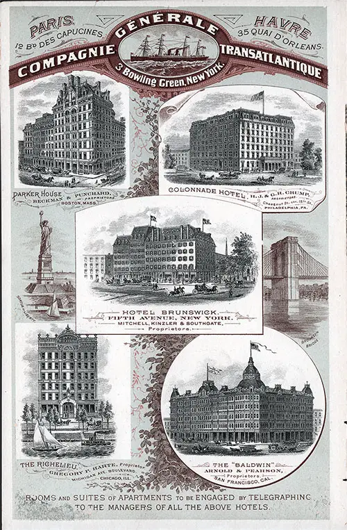 Back Cover, CGT French Line SS La Bourgogne Cabin Class Passenger List - 10 March 1888.