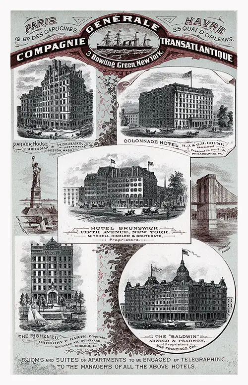 Vintage 1887 Advertisement for Rooms and Suites in the Parker House, Boston; Colonnade Hotel, Philadelphia; Hotel Brunswick, New York; The Richelieu, Chicago, and the Baldwin, San Francisco.