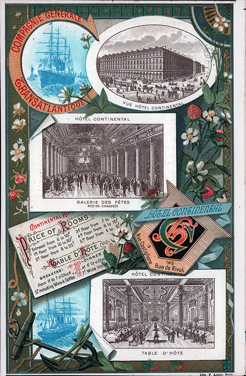 Beautiful Collage of Travel Ephemera Illustrated this Back Cover of this 29 September 1888 Cabin Passenger List SS La Champagne of the CGT French Line.