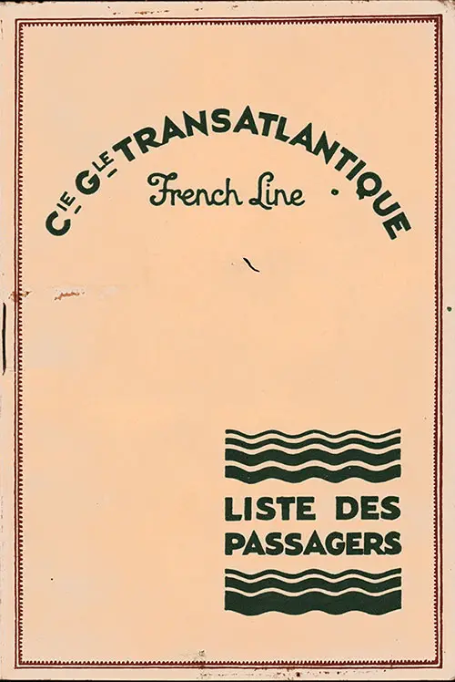 Front Cover, SS Lafayette Passenger List - 10 September 1931
