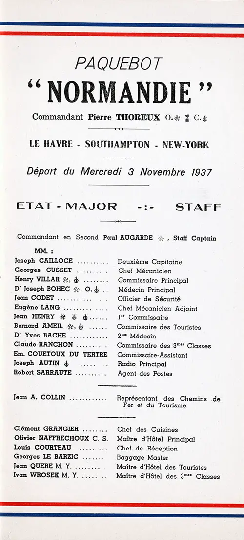 Listing of Senior Officers and Staff Members of the Famous SS Normandie, the Flagship of the French Line. From a Passenger List Dated 3 November 1937.