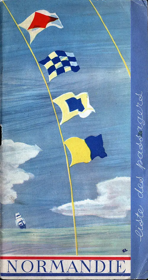 Front Cover of a Tourist Passenger List from the famous SS Normandie of the French Line, Departing Wednesday, 5 October 1938 from Le Havre to New York via Southampton.
