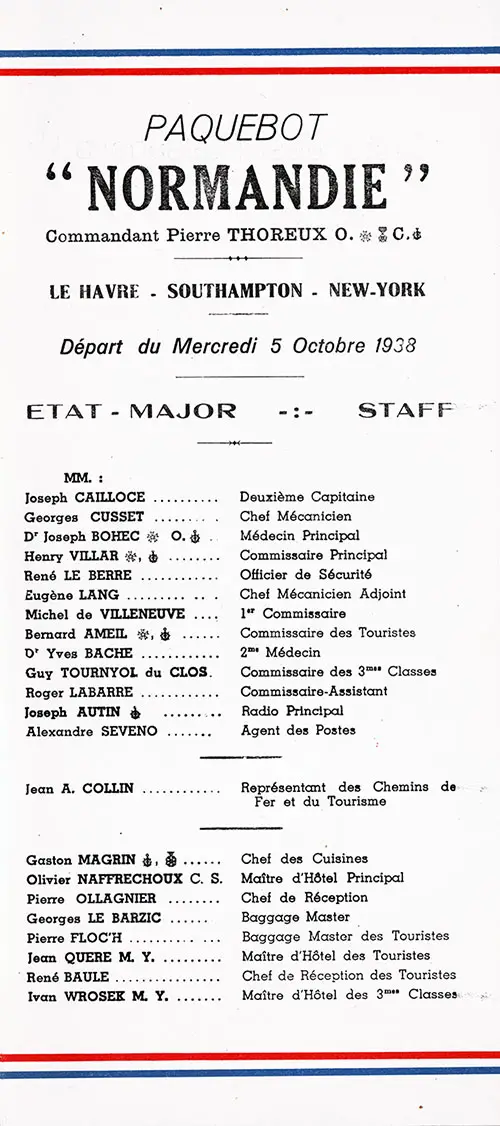 Listing of Senior Officers and Staff Members of the Famous SS Normandie of the French Line, From a Passenger List Dated 5 October 1938
