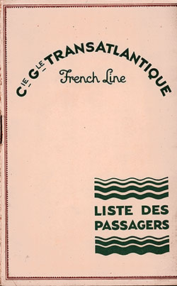 Front Cover of a First and Second Class Passenger List from the SS Paris of the CGT French Line, Departing 12 June 1930 from New York to Le Havre via Plymouth