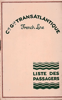 Front Cover of a Fist and Second Class Passenger List from the SS Paris of the CGT French Line, Departing 12 June 1930 from New York to Le Havre via Plymouth