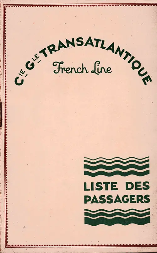 Front Cover of a Fist and Second Class Passenger List from the SS Paris of the CGT French Line, Departing 12 June 1930 from New York to Le Havre via Plymouth