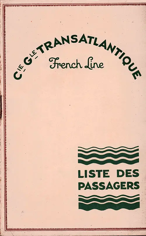 Front Cover of a First and Second Class Passenger List from the SS Paris of the CGT French Line, Departing 12 June 1930 from New York to Le Havre via Plymouth