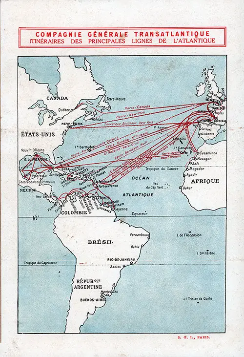 Track Chart on the Back Cover of a 3 February 1918 Cabin Class Passenger List for the SS Rochambeau of the CGT French Line.